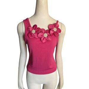 Hot Pink Ribbed Tank Top Pearl Floral Applique Embellished  One Strap‎ Size L